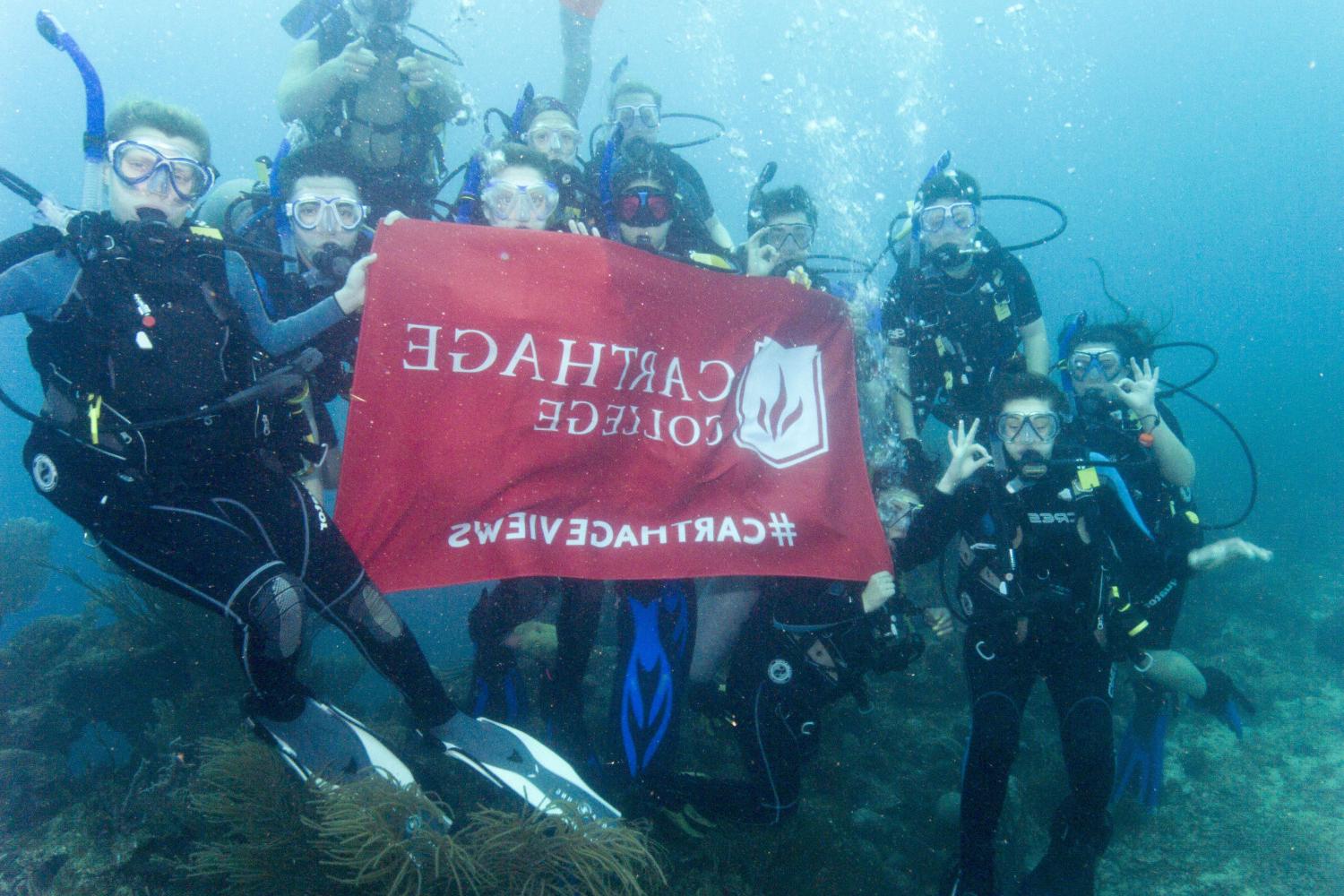 学生们手持<a href='http://mgj2.spreadcrushers.com'>bv伟德ios下载</a>旗帜，在j学期洪都拉斯游学之旅中潜水.